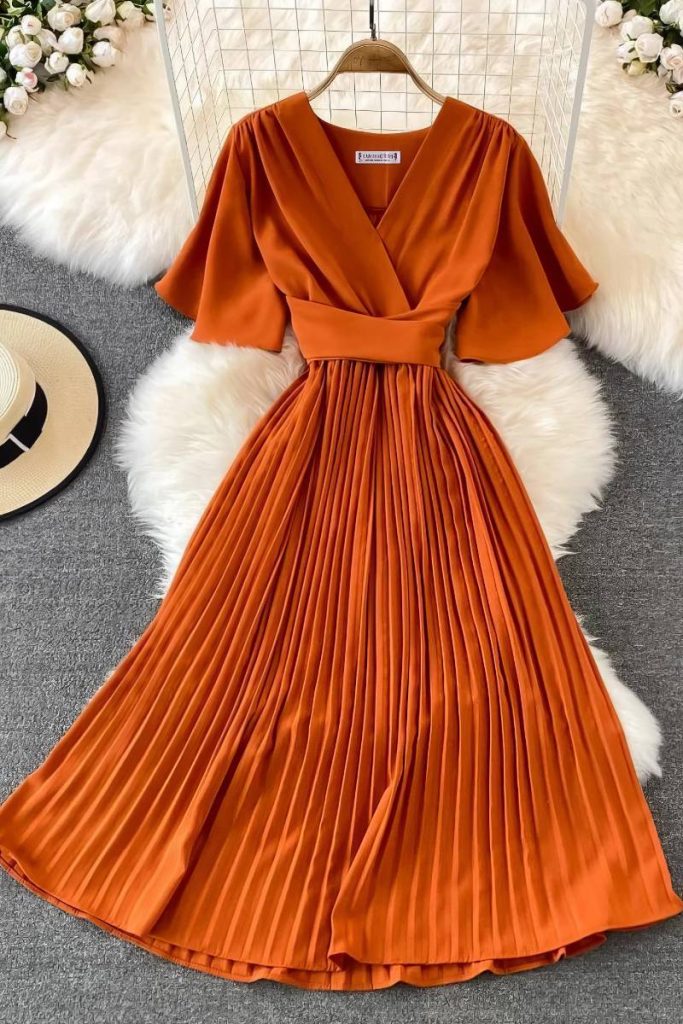 Robe Plissée Élégante Femme 2025 - Dentelle Manches Longues Col V Boutons Poches - Robe Midi Décontractée